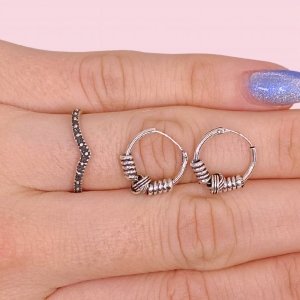 Conjunto Anillo forma V y Aros bali 13mm de plata 925